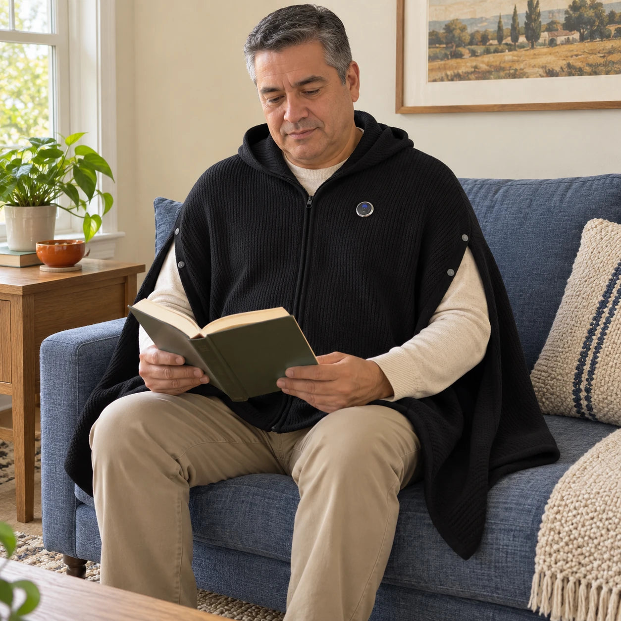 Man sitting upright on a blue sofa reading a book while wearing the poncho.
