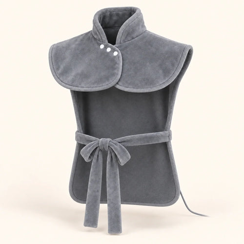 The gray Warmith wrap, front view: upright collar with three snaps, shoulder yoke, back panel and front tie.