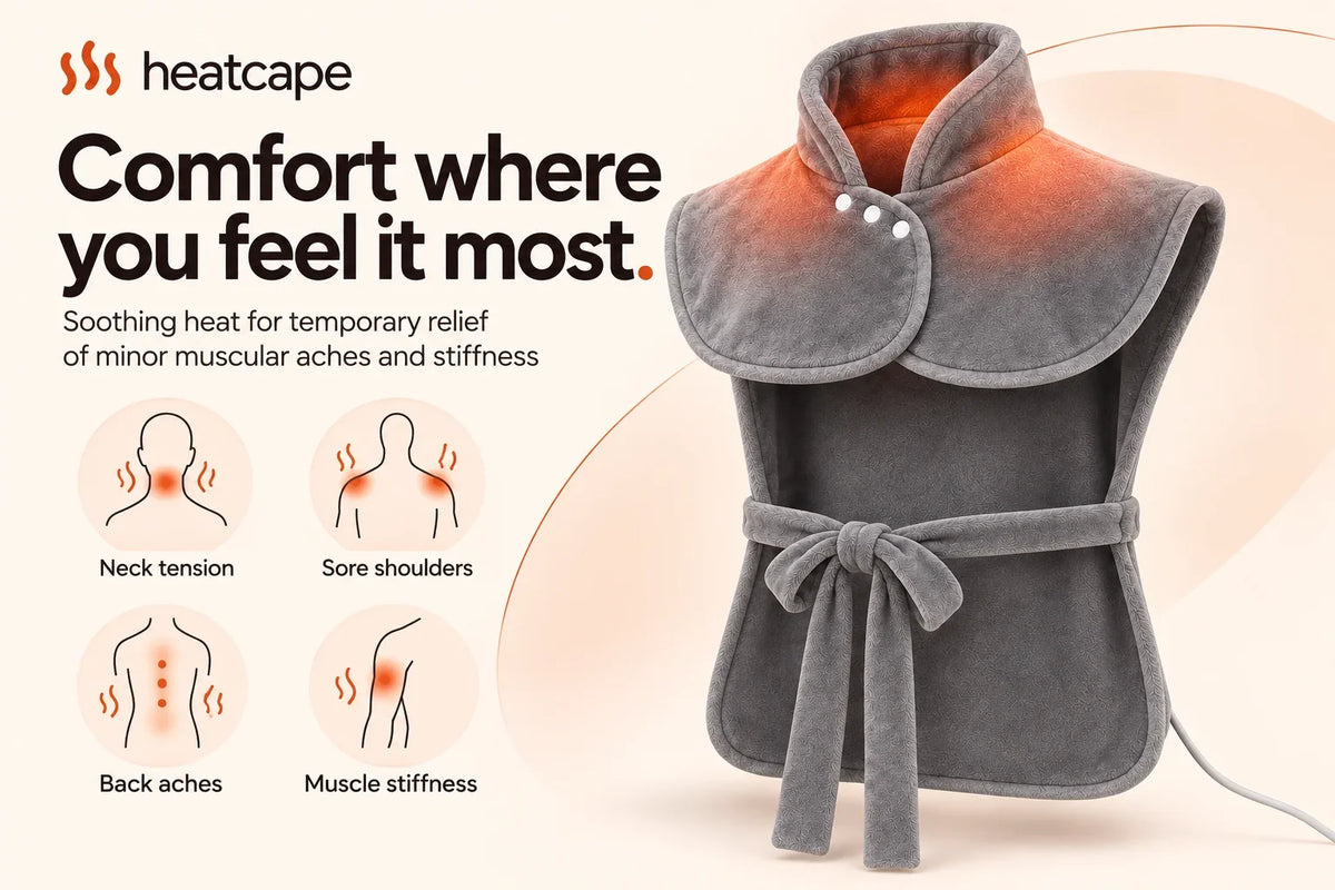 Front view of the Warmith wrap with a warm glow at the collar, beside four small icons for neck tension, sore shoulders, back aches and muscle stiffness.