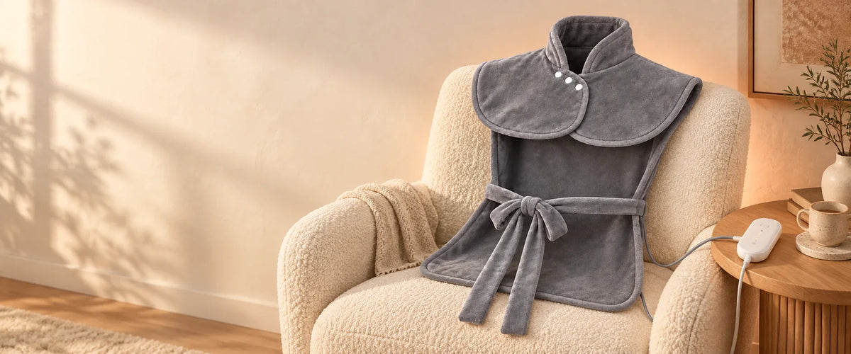 The gray Warmith wrap draped over a cream armchair in a sunlit living room, its wired controller on the side table.