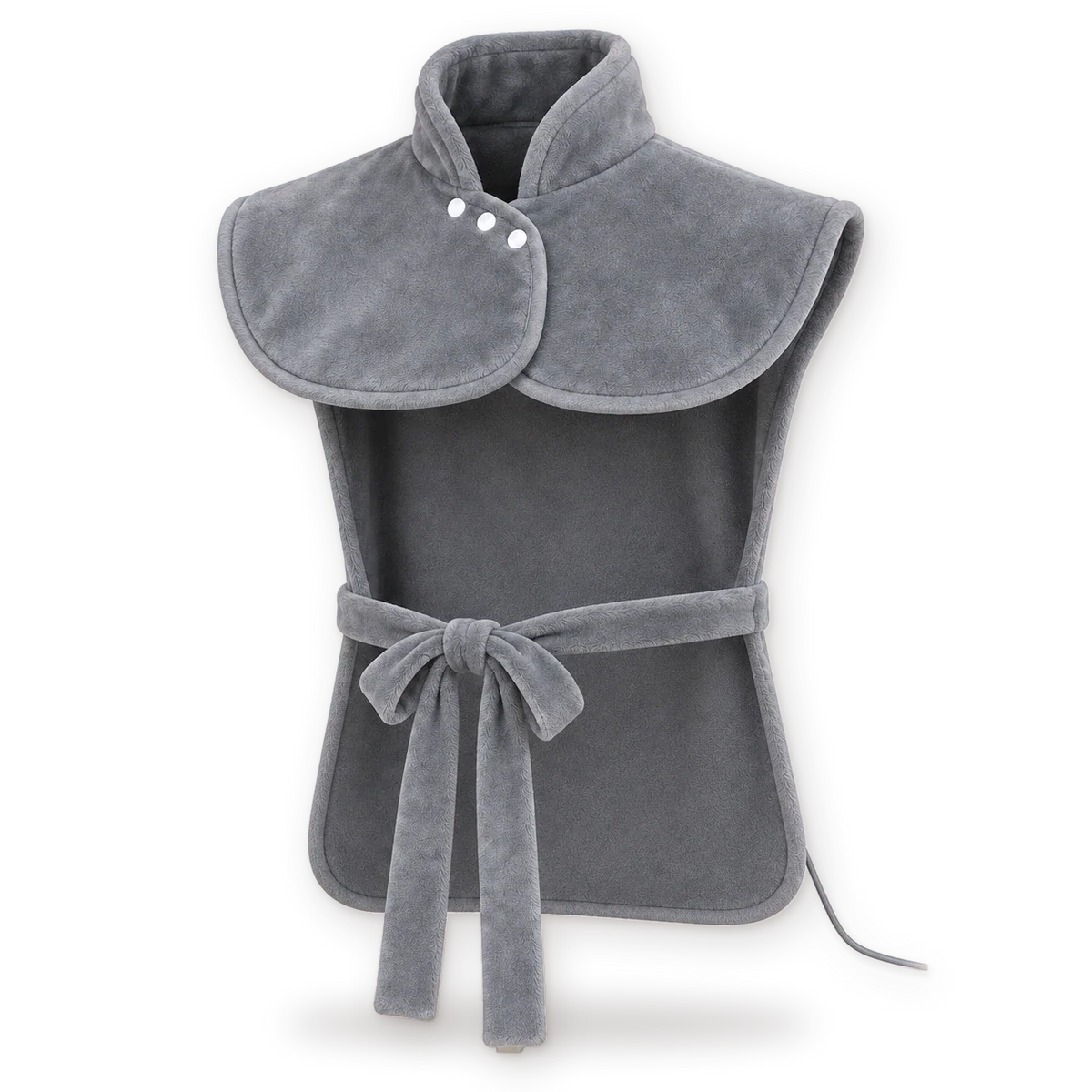 The gray Warmith wrap, front view: upright collar with three snaps, shoulder yoke, open sides, front waist tie and the back panel behind.