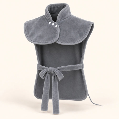 Front view of the gray Warmith wrap: upright collar with three white snaps, open sides and a narrow front tie.