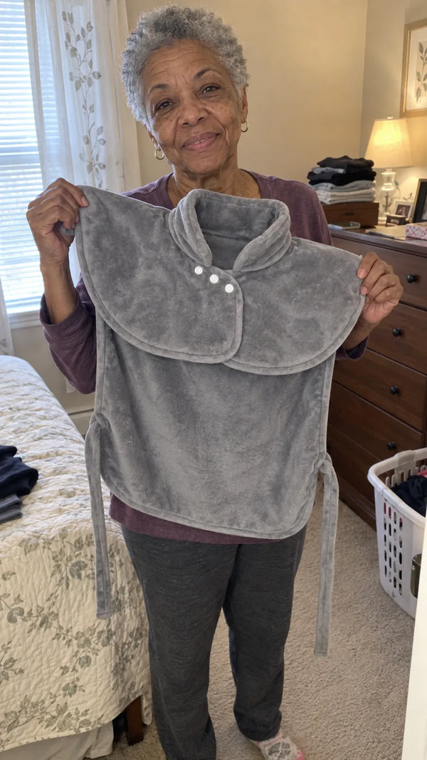 A smiling woman in her bedroom holding up the Warmith wrap to show the collar, snaps and ties, a laundry basket beside her.