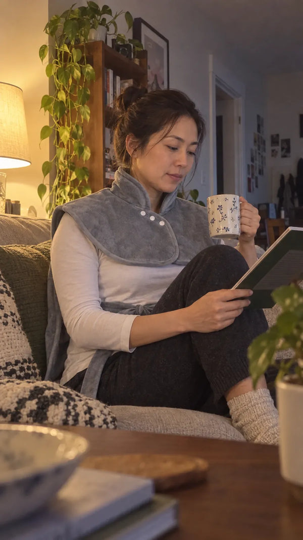 A woman on her couch reading a tablet with a mug in hand, wearing the gray Warmith wrap.