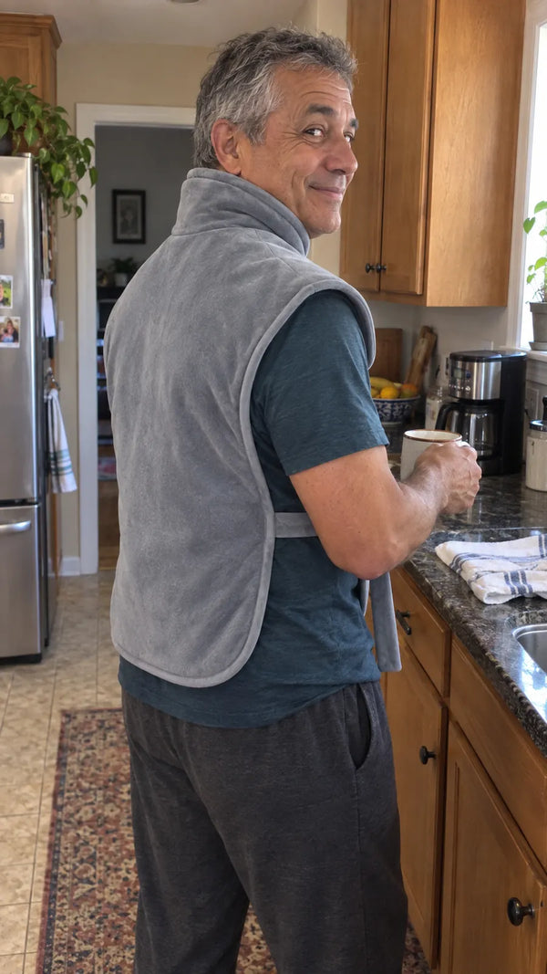 A man in his kitchen seen from behind, mug in hand, the Warmith wrap covering his back.