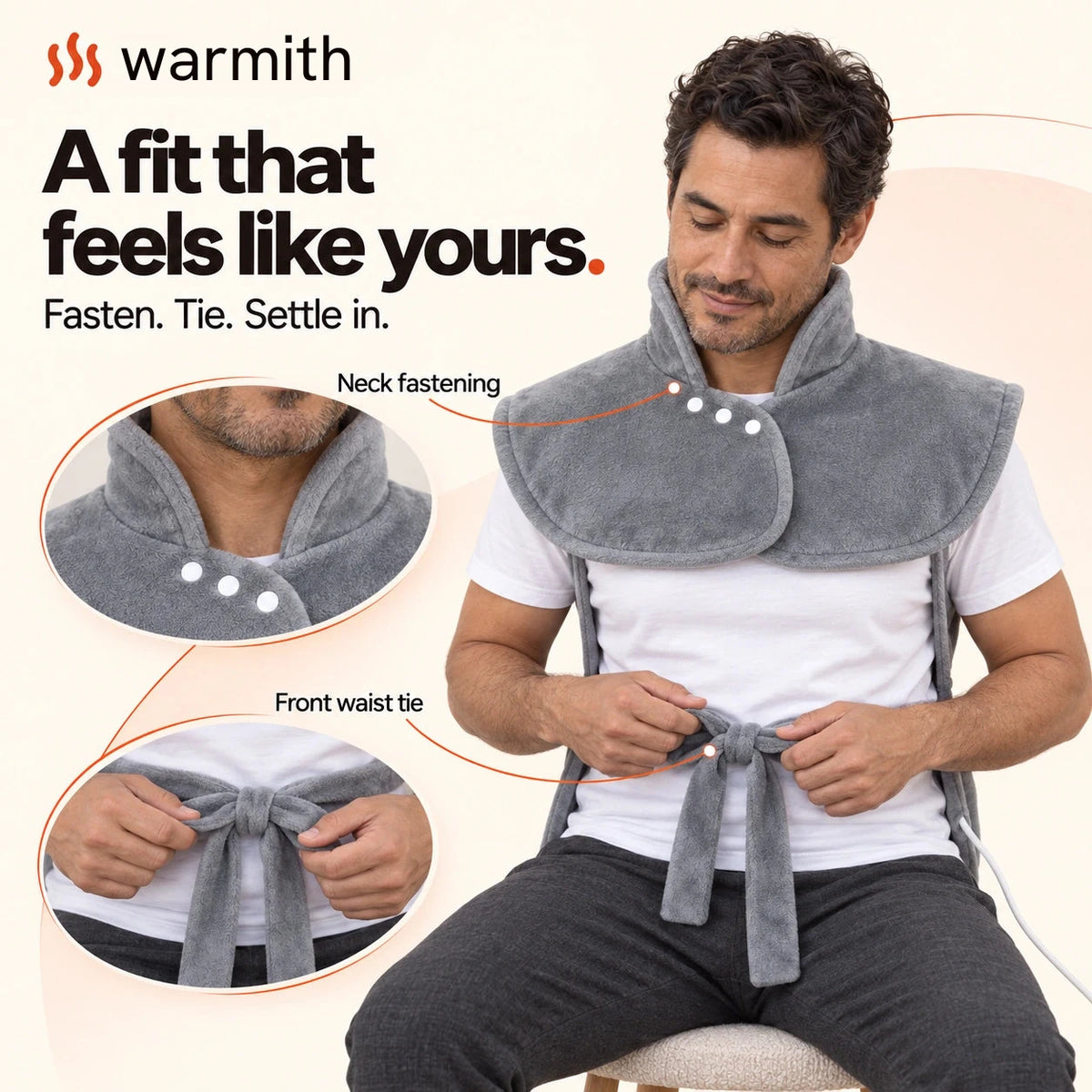 Close view of the collar fastened with three white snaps and the front tie knotted.