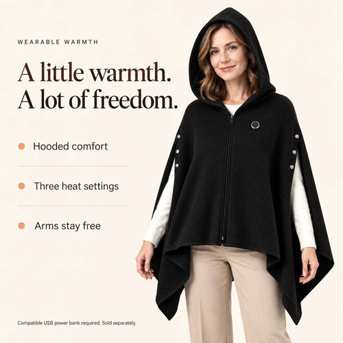 A little warmth. A lot of freedom. Hooded comfort, three heat settings and arms free. Power bank sold separately.