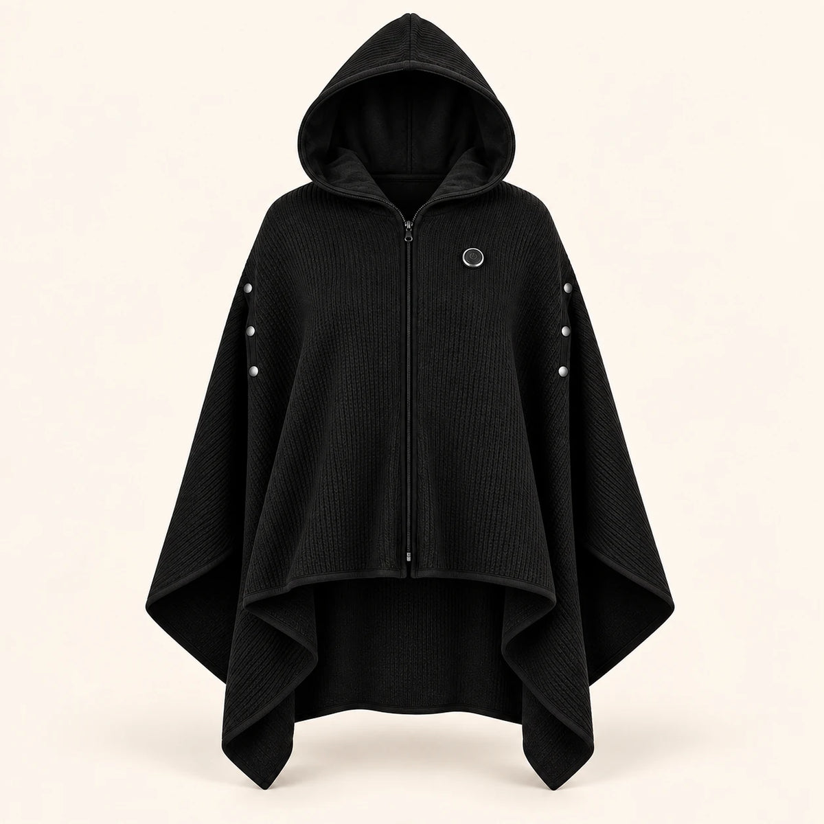 Black hooded heated poncho with front zipper, round chest control and open sides.