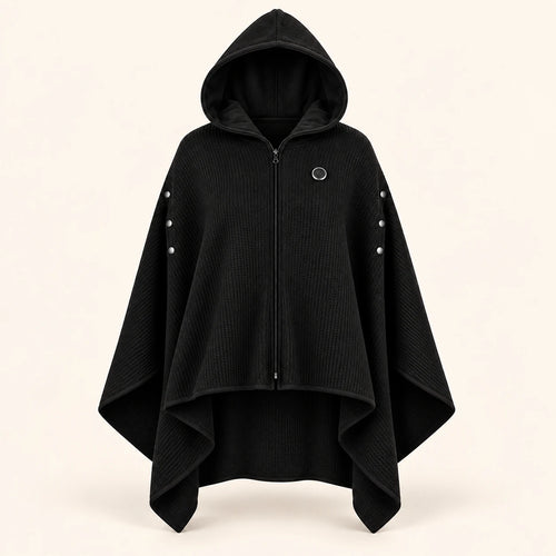 Black hooded heated poncho with front zipper, round chest control and open sides.