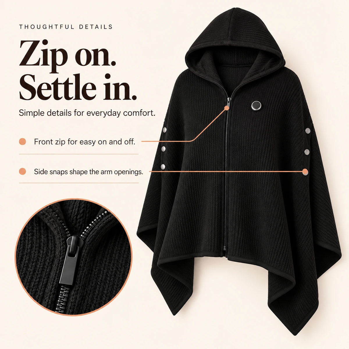 Front zip for easy on and off, with side snaps shaping the arm openings.