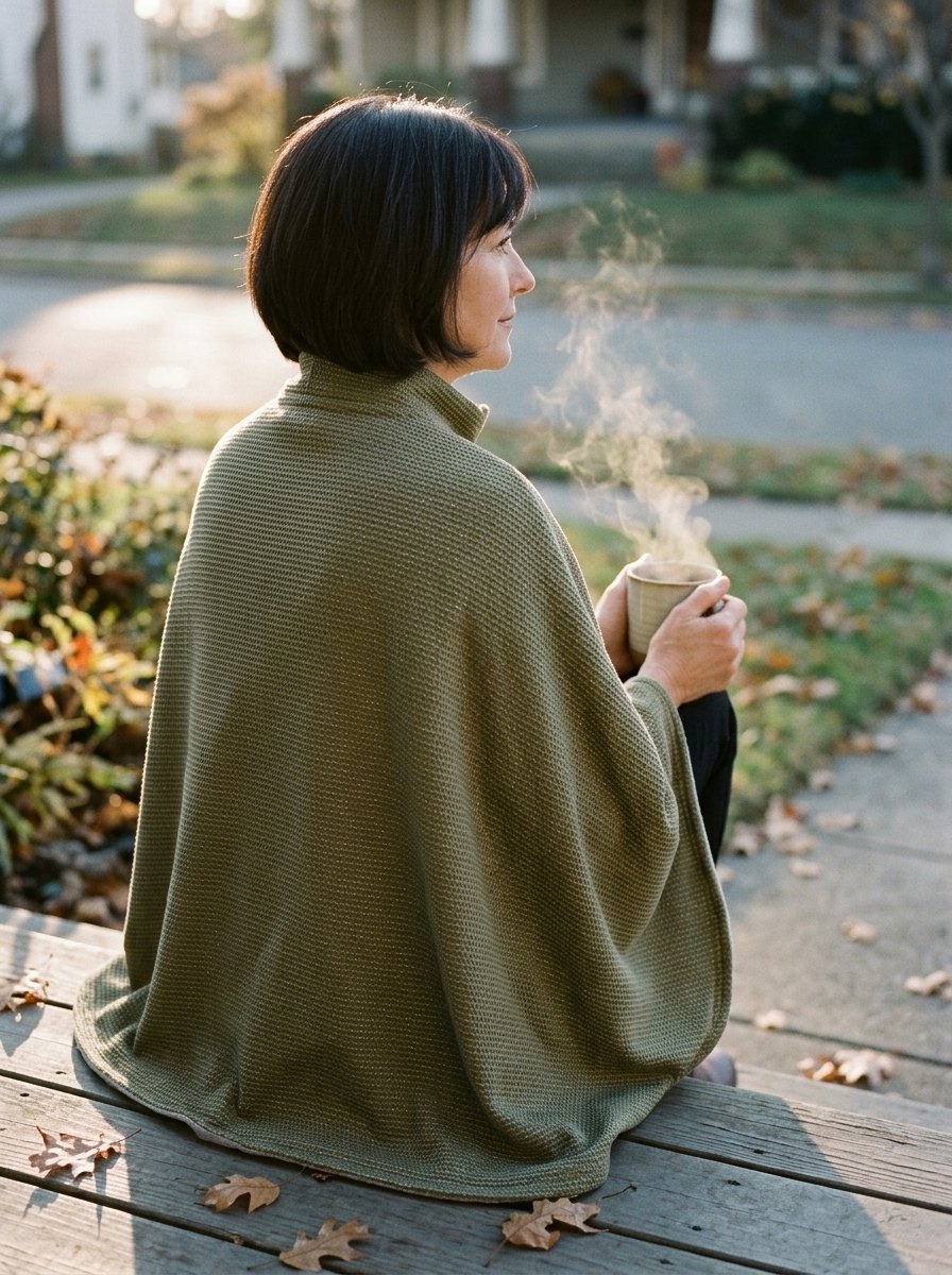 Woman on a porch step seen from behind, the olive wrap over her shoulders and back