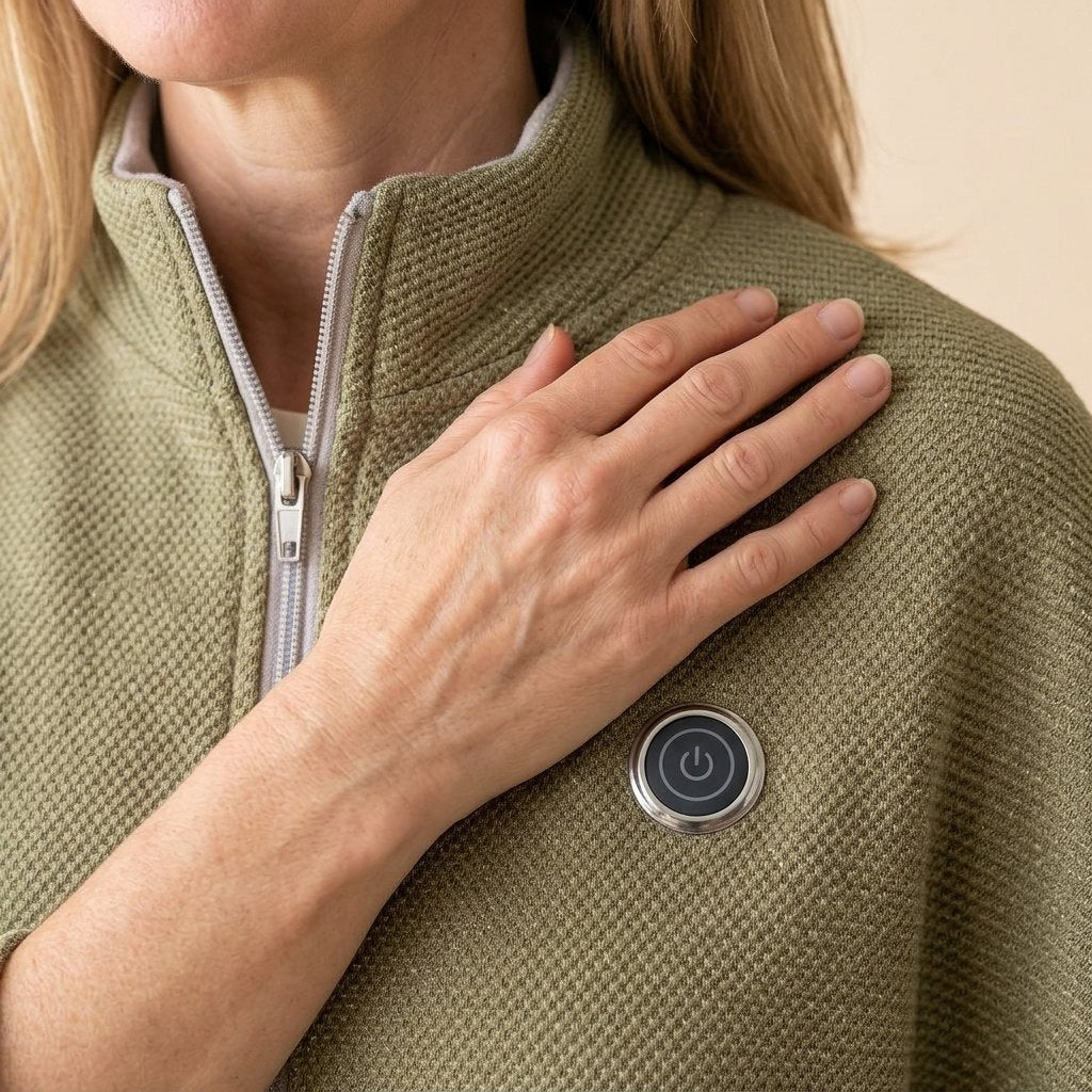 Hand resting on the olive waffle knit at the shoulder, button beside the zip