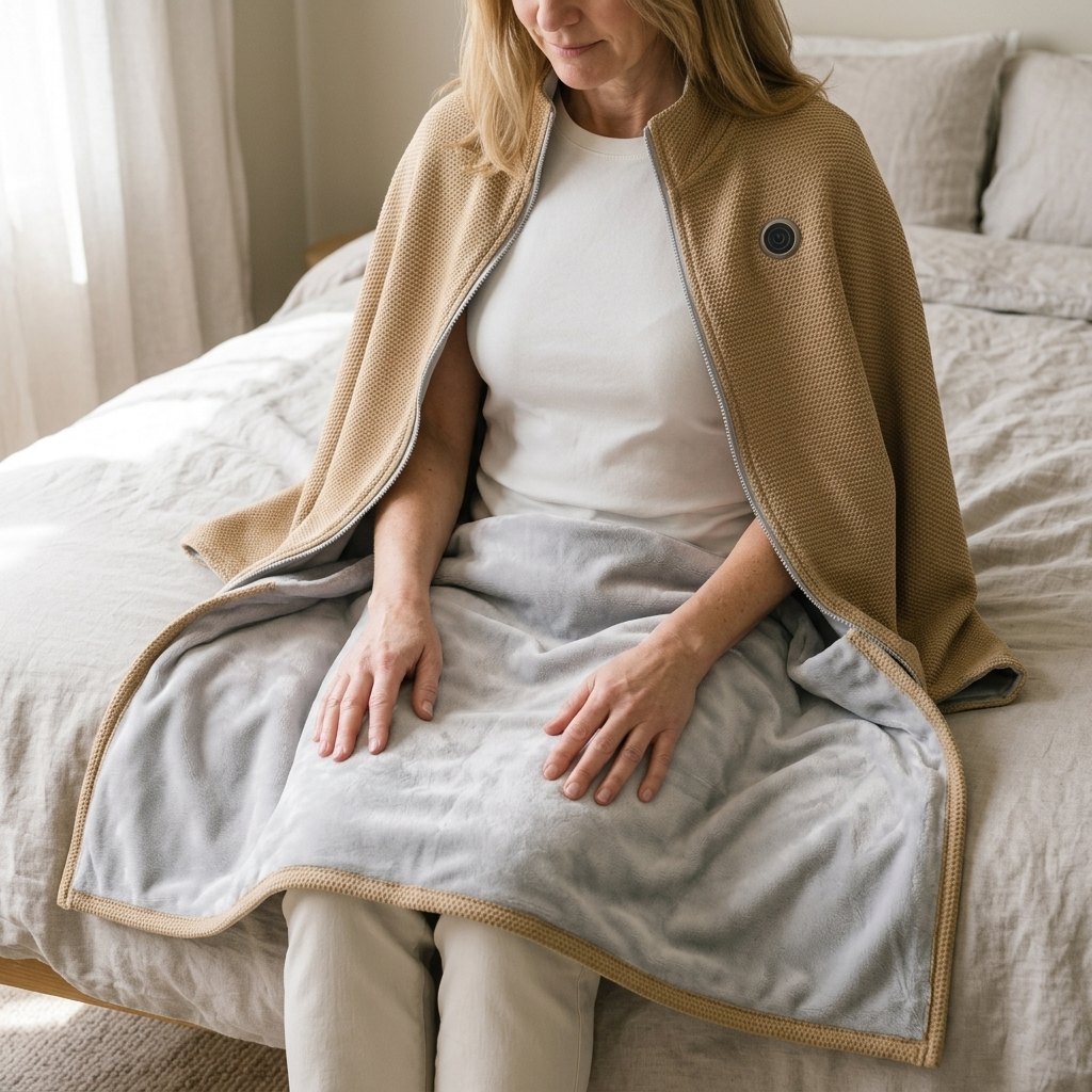 Open wrap across a lap showing the grey plush lining