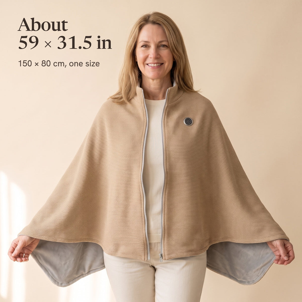 Woman holding the open camel wrap out to show its width