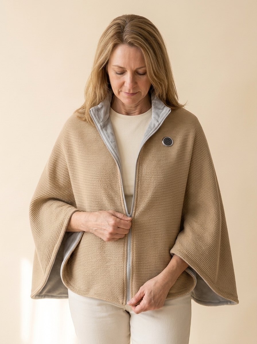Woman zipping the camel wrap up from the hem