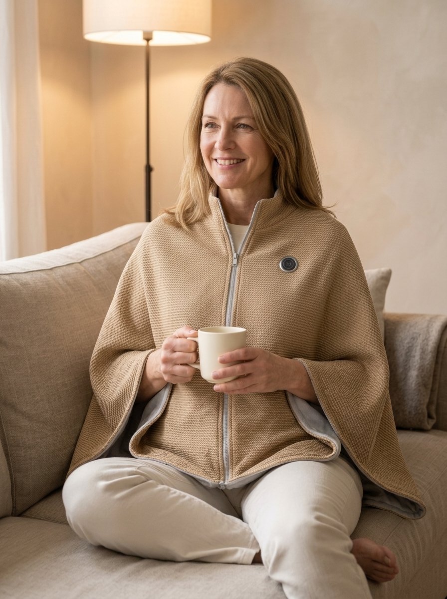 Woman relaxing on a sofa in the camel wrap, holding a mug