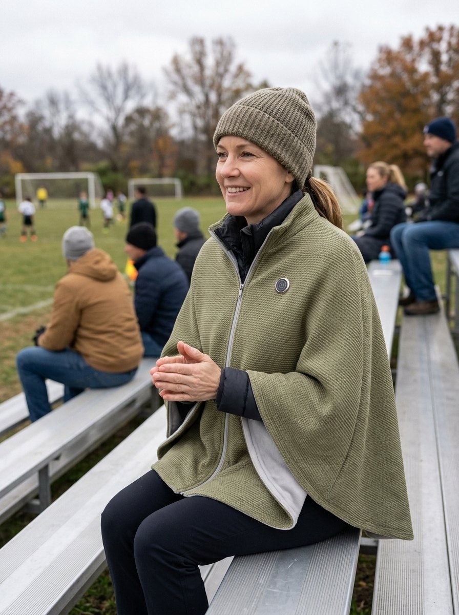 Woman cheering on bleachers in the olive wrap
