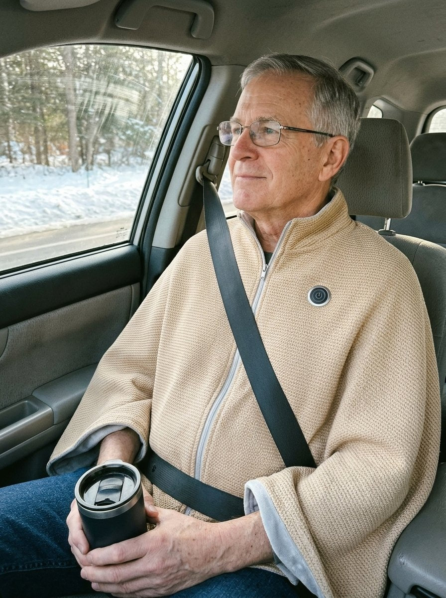 Man in a car passenger seat wearing the camel wrap