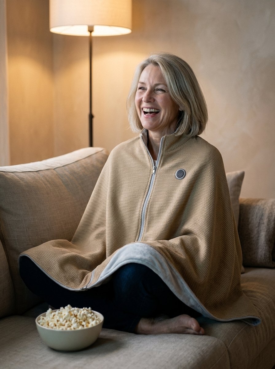 Woman laughing on a sofa in the camel wrap